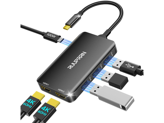 6-in-1 USB C Hub, Type C to Dual HDMI Adapter 4K@60Hz HDMI Splitter for Dual Monitors with 100W PD Port, USB 2.0, USB C Dual Monitor Adapter for...
