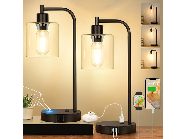 Set of 2 Industrial Touch Control Table Lamps with USB C+A Ports and AC Outlet - 3-Way Dimmable Black Bedside Lamps Nightstand Desk Lamps for...