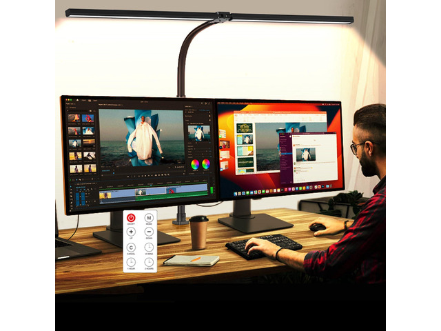 LED Desk Lamp with Clamp, Dual Head Monitor Light, Remote 24W Dimmable Eye-Caring Task Lamp with Timer, Anti-Glare Cover and Gooseneck for Home...