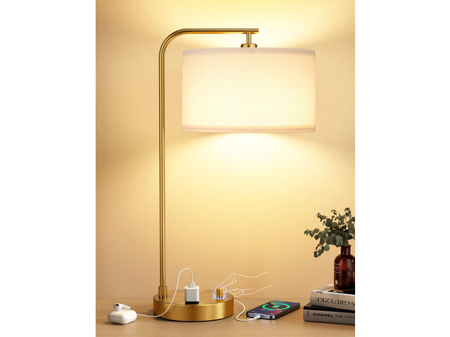 20.7' Gold Table Lamp with USB & Outlet, Fully Dimmable Nightstand Lamp Linen Lampshade, USB Port and Outlet, Gold Desk Lamp for Bedside, Living...