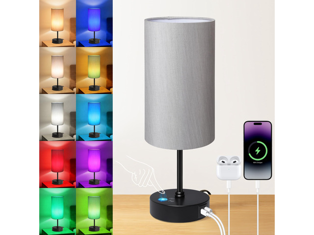 Table Lamp for Bedroom, 3 Color Temperatures, 7 RGB Colors, Adjustable Brightness, Dual USB Charging Ports, Ambience Nightstand Light with Grey...