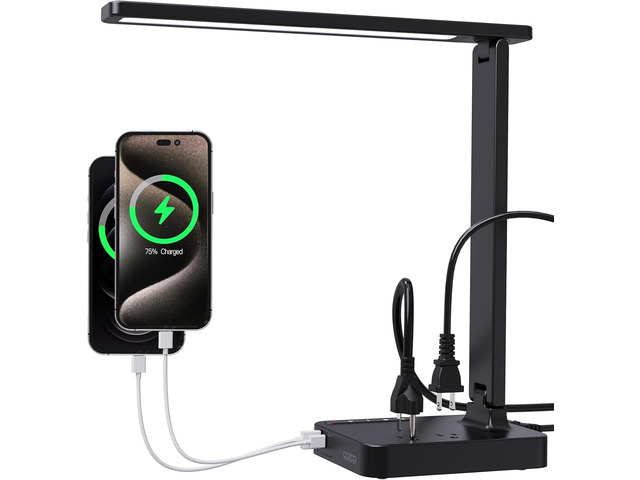 LED Desk Lamp with USB Charging Port for Dorm Office, 800lm, CRI 92, Black Modern Desk Lamps for Home Office with Charger Ports, 2 USB (1 USB-C), 2...