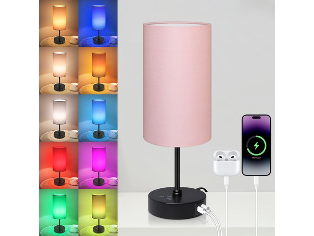 Table Lamp for Bedroom, 3 Color Temperatures, 7 RGB Colors, Adjustable Brightness, Dual USB Charging Ports, Ambience Nightstand Light with Pink...