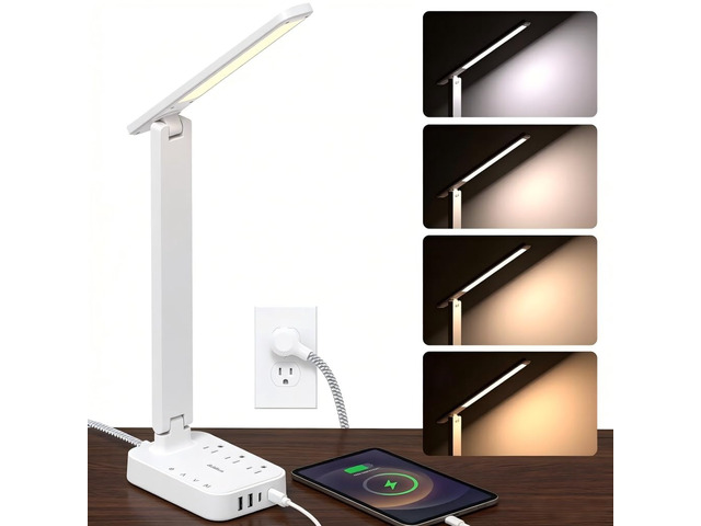 LED Desk Lamp, Power Strip with 3 Outlets 4 USB Charging Ports(2 USBC), 4 Modes 5 Level Brightness Touch Lamp, Small Desk Lamp for Home Office...