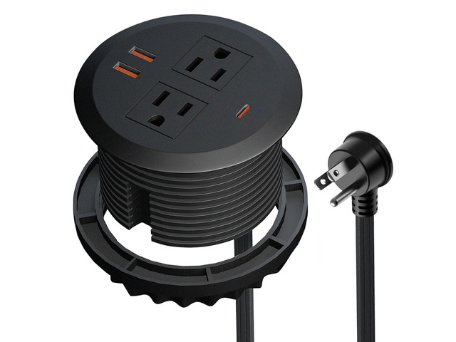 3-inch Desktop Power Grommet,GaN 65W PD USB-C,6.3ft Cord,Black Fast Charging for Laptop,Easy Install,Flat Plug,Fits 3-1/8-in Hole,Flush Mount...