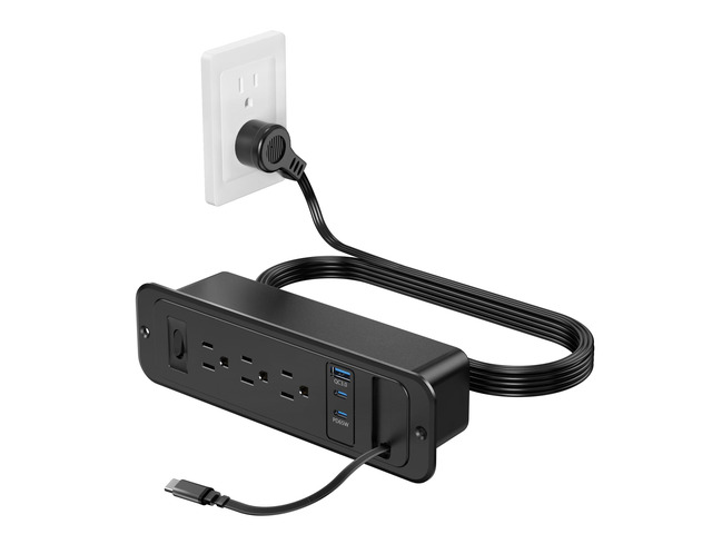 Recessed Power Strip with Retractable USB C Cable,2 PD 65W USB C Fast Charging,Flush Mount Countertop Drawer Outlet, Furniture Hidden Outlet for...