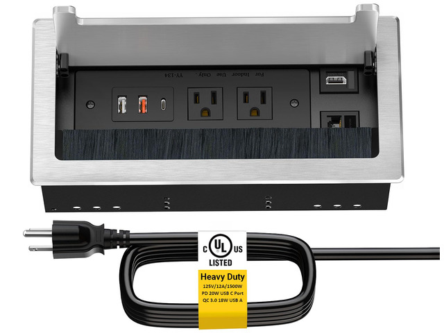 Conference Table Power Hub, Outlet Multimedia Connectivity Box with 1 HDMI + 1 RJ45 + 20W USB C + 2 USB A + 2 AC Outlets, Heavy Duty Metal Table...