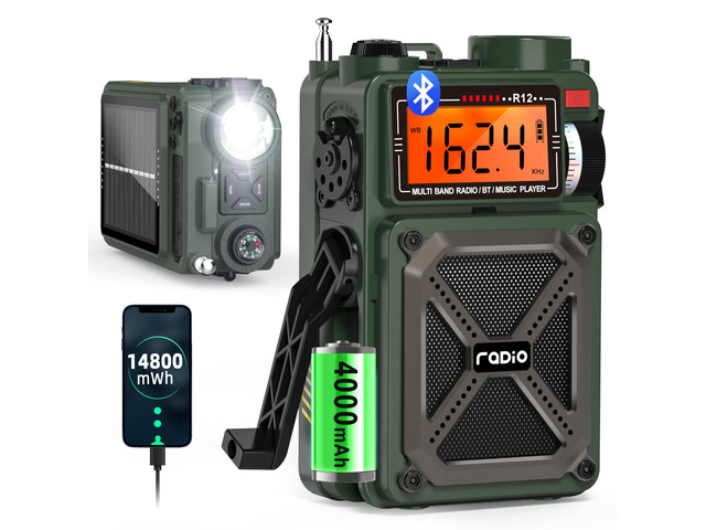 Portable Emergency Shortwave Radios, AM FM NOAA Weather Radio 14800mWh Rechargeable with Bluetooth 5.4, Crank/Solar/USB Charging, USB/TF...