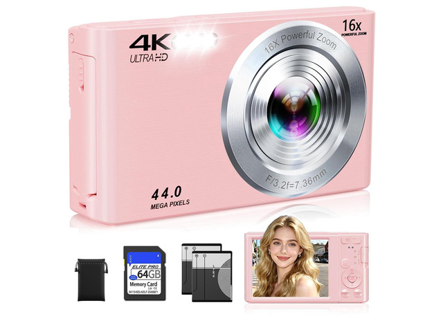 Digital Camera,Upgraded FHD 4K Pink Digital Camera for Teens Girls,Compact Digital Cameras with 64GB Memory Card,2 Batteries,Small Camera with 16X...