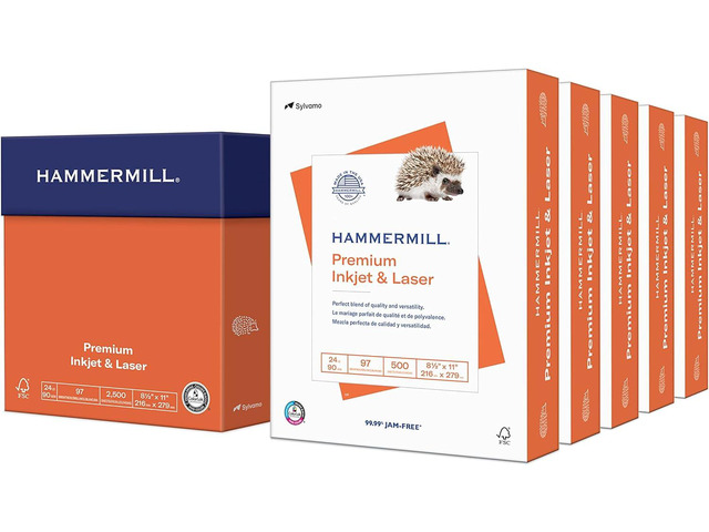 Hammermill Printer Paper, Premium Inkjet & Laser Paper 24 Lb, 8.5 x 11-5 Ream (2,500 Sheets) - 97 Bright, Made in the USA, 166140C