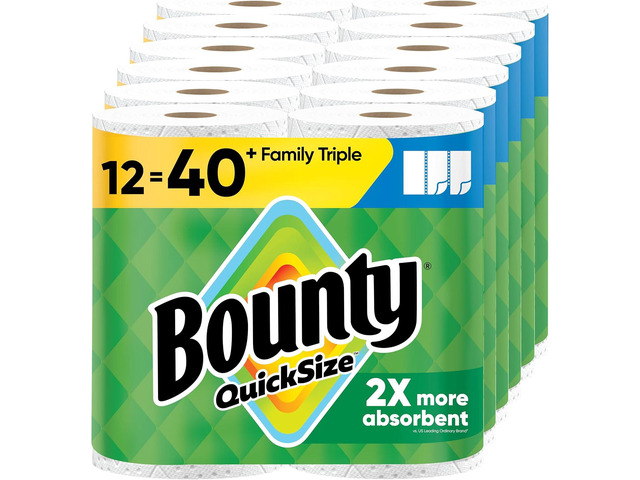 Bounty Quick-Size Paper Towels, White, 12 Family Triple = 40 Regular Rolls