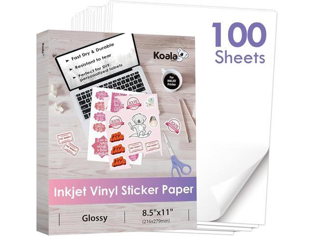 Koala Printable Vinyl Sticker Paper for Inkjet Printers - 100 Sheets Glossy White Water-Resistant Adhesive Label Paper - 8.5x11 Inch,...