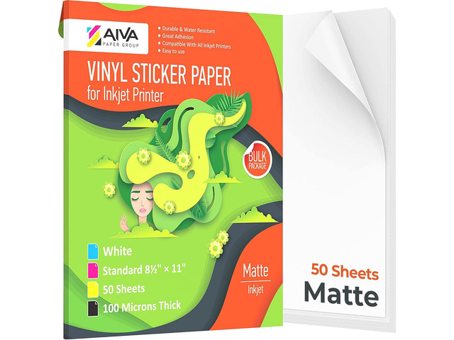 Printable Vinyl Sticker Paper - Waterproof Decal Paper for Inkjet Printer - 50 Self-Adhesive Sheets - Matte White - Standard Letter Size 8.5'x11'