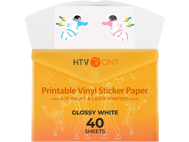 HTVRONT Printable Vinyl for Inkjet Printer & Laser Printer - 40 Pcs Glossy White Waterproof Printable Vinyl Sticker Paper, 8.5'x11'