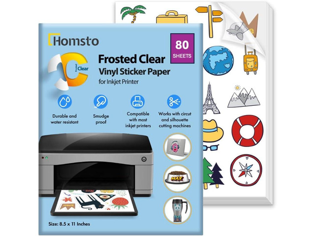 Printable Vinyl Sticker Paper for Inkjet Printer - Self Adhesive Frosty Clear Waterproof Sticker Paper - 80 Sheets 8.5x11 - Easy Cut & Peel,...