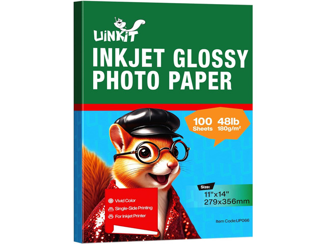 Uinkit 180gsm Glossy Photo Paper 11x14 Inches - 100 Sheets for Dye Ink Quick Dry, No Smudging Single-Sided Pro Finish, Thick 48lb No Curling
