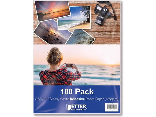 Better Office Products Self-Adhesive Photo Paper, Sticky Photo Paper, Glossy, 8.5 x 11 Inch, 100 Sheets, 135 gsm, Letter Size, 100 Count Pack