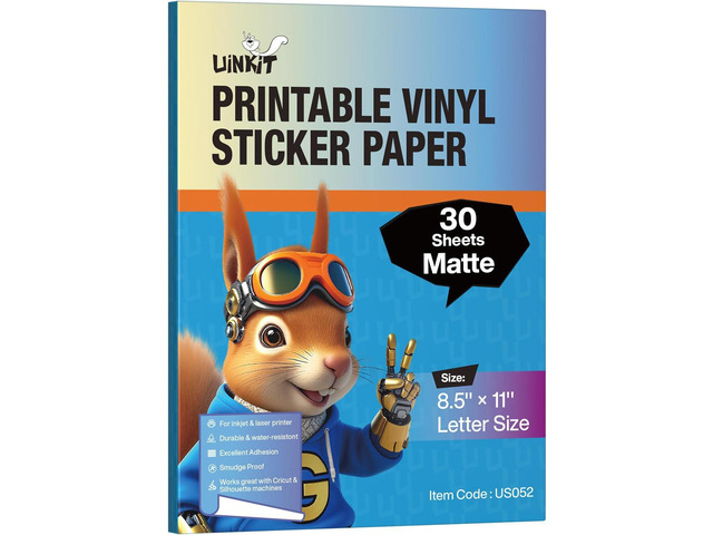 Uinkit Classic Matte Sticker Paper 30 Sheets - Printable Vinyl Sticker Paper for Inkjet & Laser Printers, Waterproof Tear-Resistant Decals for...