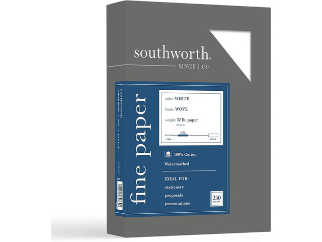 Southworth 100% Cotton Business Paper, 8 1/2' x 11', 32 Lb, White, Box of 250