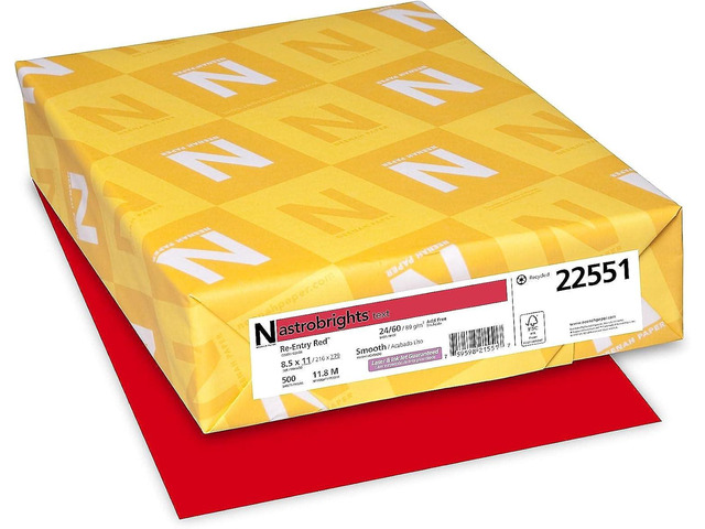 Astrobrights Color Paper, 8.5 x 11, 24 lb/89 gsm, Re-Entry Red, 500 Sheets (21558)