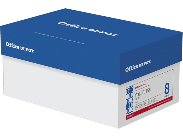 Office Depot(R) Brand Multiuse Paper, Letter Size Paper, 94 (U. S.) Brightness, 20 Lb, White, 500 Sheets Per Ream, Case Of 8 Reams