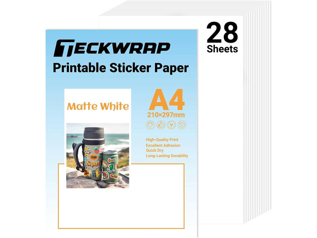 TECKWRAP Printable Vinyl Sticker Paper for Inkjet Printer Matte White Printable Sticker Paper Waterproof 8.26' x 11.69' A4 Size 28Pcs/Pack for...