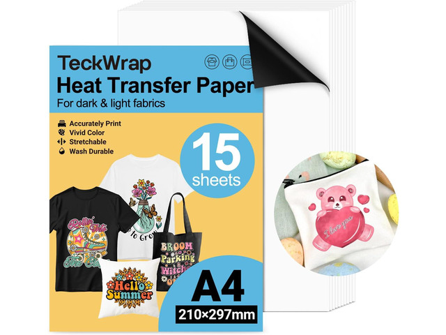 TECKWRAP Printable Heat Transfer Paper for T-Shirts 15 Sheets, 8.3' X 11.7' Printable Heat Transfer Vinyl for Inkjet Printer, Iron on Transfer...