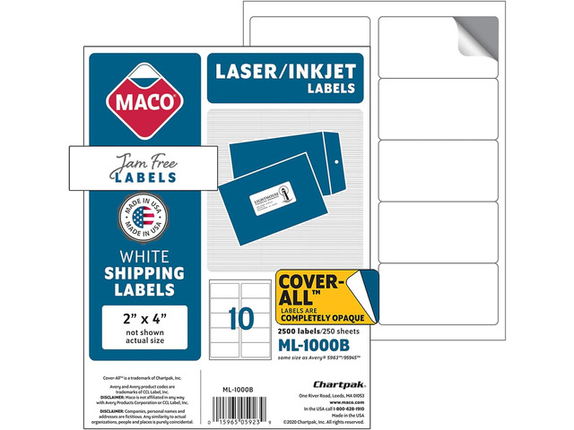 MACO Printable Labels for Shipping - Laser/Ink Jet Compatible Shipping Labels, 10 Per Sheet, 2' x 4', Box of 250 Pages/2500 Labels, White