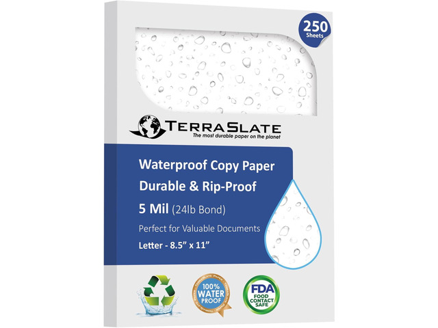 TerraSlate Premium Waterproof Paper, 5 MIL 8.5 x 11, Laser Printer & Copy Machine Compatible, Durable & Rain/Weather-Proof Copy Paper, White Paper...