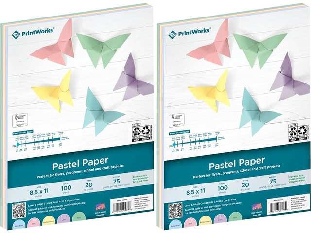 Printworks Pastel Paper, 20 lb, 5 Assorted Pastel Colors, 30% Recycled Color Printer Paper, SFI Certified, Perfect for School and Craft Projects,...