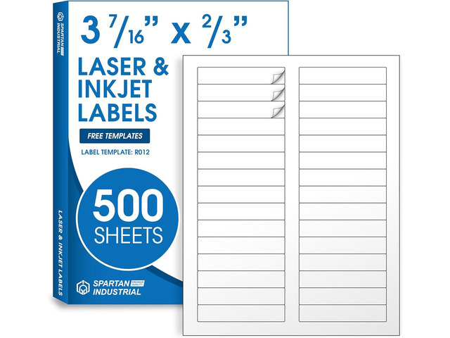 3 7/16' X 2/3' Matte White Printable Labels (500 Sheets, 15000 Stickers) File Folder, Address, Mailing Labels for Laser & Inkjet Printers - Spartan...
