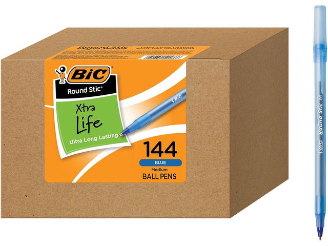 BIC Round Stic Xtra Life Blue Ballpoint Pens, Medium Point (1.0mm), 144-Count Pack of Bulk Pens, Flexible Round Barrel for Writing Comfort, No. 1...