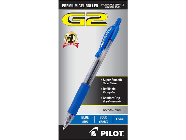 Pilot G2 Premium Gel Roller Pens, Bold Point 1 mm, Blue Ink Pens Bold Point, Pack of 12 - Ideal for School, Journaling, and Office Writing
