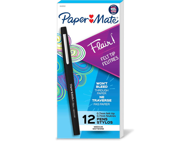 Paper Mate Flair Felt Tip Pens, Medium Point (0.7mm), Black, 12 Count - Teacher Supplies, Journaling, Note-Taking, Writing