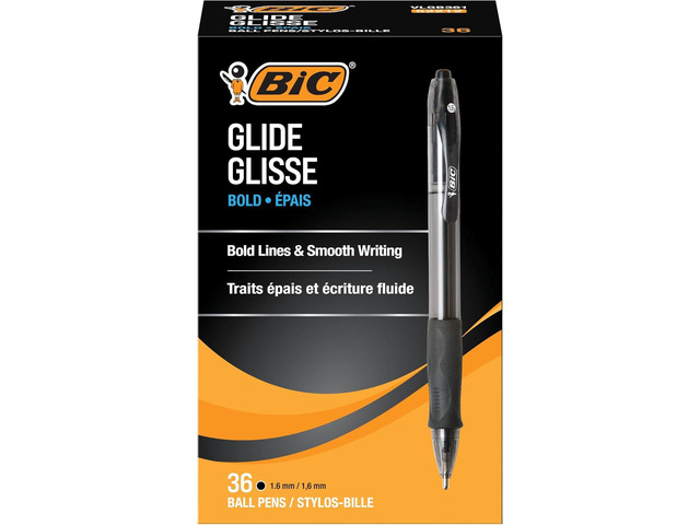 BIC Glide Bold Black Ballpoint Pens, Bold Point (1.6mm), 36-Count Pack, Retractable Ballpoint Pens With Comfortable Full Grip