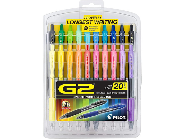 Pilot G2 Premium Refillable and Retractable Gel Ink Pens Fine Point (0.7mm), Retractable Pens, Assorted Colors, 20 Count