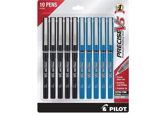 PILOT Precise V5 Rolling Ball Pen Extra Fine Point 0.5mm, 5 Black and 5 Blue Liquid Ink Rollerball Pens. pack of 10