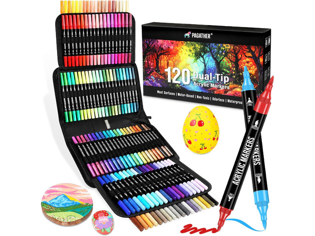 120 Colors Acrylic Paint Markers, Dual Tip Fine and Brush Tips Pens Contain 24 Metallic Color for Stone, Wood, Calligraphy, Canvas, Ceramic, Metal,...
