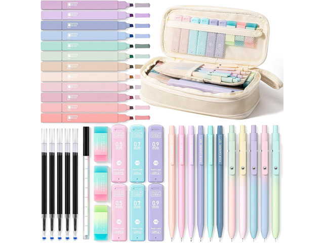 Four Candies 39 PCS Aesthetic School Supplies with Cute Pen Case, 12 Pastel Highlighters, 5 Black Ink Gel Pens, 6 Mechanical Pencils Set for...