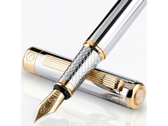 Scriveiner Silver Chrome Fountain Pen - Stunning Luxury Pen, Real Gold Finish, Schmidt Gilded Nib (Fine), Best Gift Set for Men & Women...