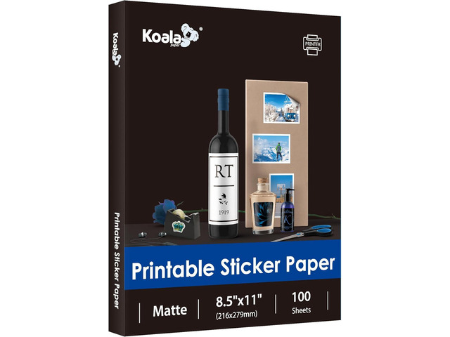Koala 100 Sheets Sticker Paper for Regular Labels, Matte White, 8.5x11 Inch Printable Full Sheet Label Paper for Inkjet & Laser Printers