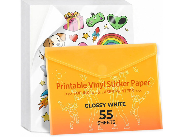 JANDJPACKAGING Premium Printable Vinyl Sticker Paper - for Inkjet and Laser Printer - 55 Pack Glossy White Waterproof Inkjet Printable Vinyl -...