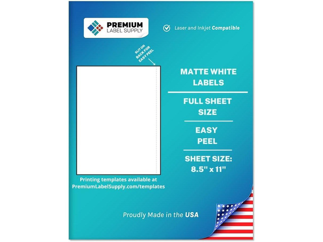 Premium Label Supply White Sticker Full Sheet Shipping Labels 8.5' x 11' Laser/Inkjet Compatible (1 per Sheet), 25 Sheets - Letter Size