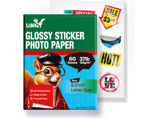 Uinkit Glossy Sticker Paper for Inkjet Printer, 60 Sheets 8.5 x 11Inches 6.5Mil Printable Self Adhesive Photo Paper Priner Sticker Papers for...