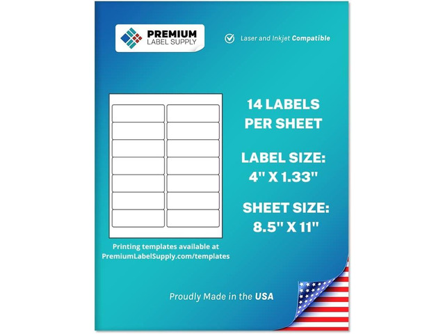 Premium Label Supply White Sticker Mailing Labels 4' x 1.33' Laser/Inkjet Compatible (14 per Sheet), 25 Sheets 350 Total Adhesive Labels