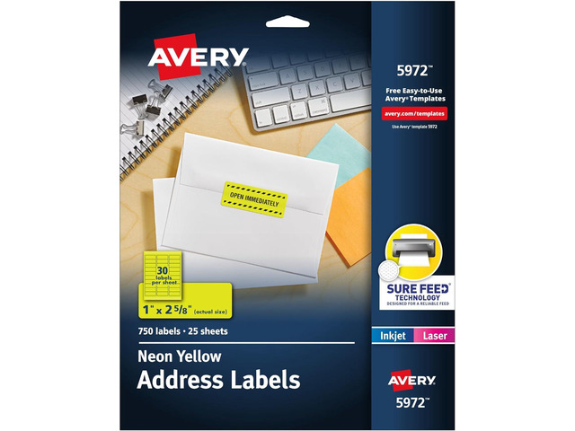 Avery Printable Address Labels, Sure Feed Technology, 1' x 2-5/8', Neon Yellow, Laser & Inkjet Compatible, 750 Blank Labels Total, Great for...