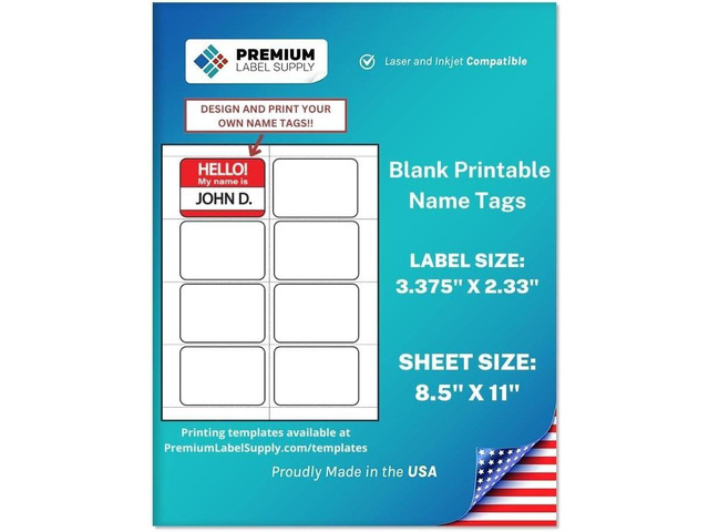 Premium Label Supply Blank Printable Name Tag Stickers - 2-1/3' x 3-3/8' - Laser/Inkjet Compatible (8 per Sheet) 100 Sheets 800 Total Adhesive...