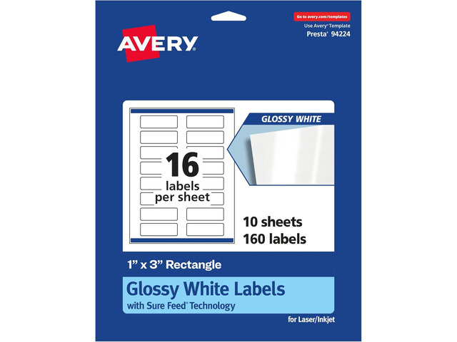 Avery Glossy White Rectangle Labels, Sure Feed Technology, 1' x 3', 160 Glossy White Labels, Print-to-The-Edge, Permanent Adhesive, Laser/Inkjet...