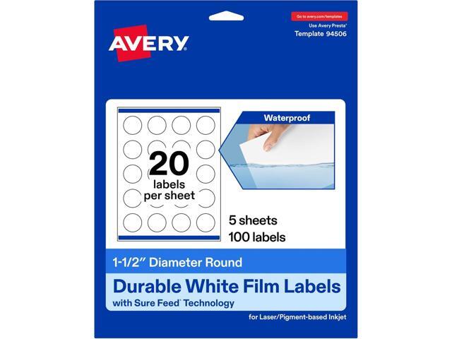 Avery Printable Durable White Round Labels, Sure Feed Technology, 1.5' Diameter, Print-to-the-Edge, Waterproof Labels, Laser & Pigment-Based Inkjet...