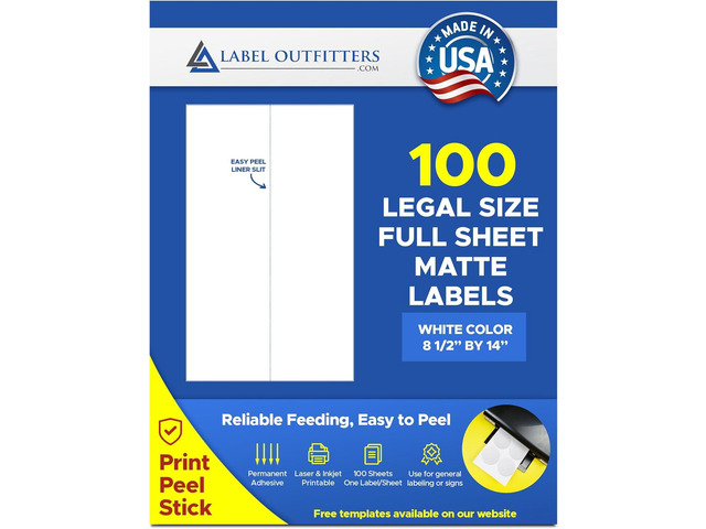 100 Label Outfitters Legal Size, 8.5 x 14, White Laser and Inkjet Printable Labels